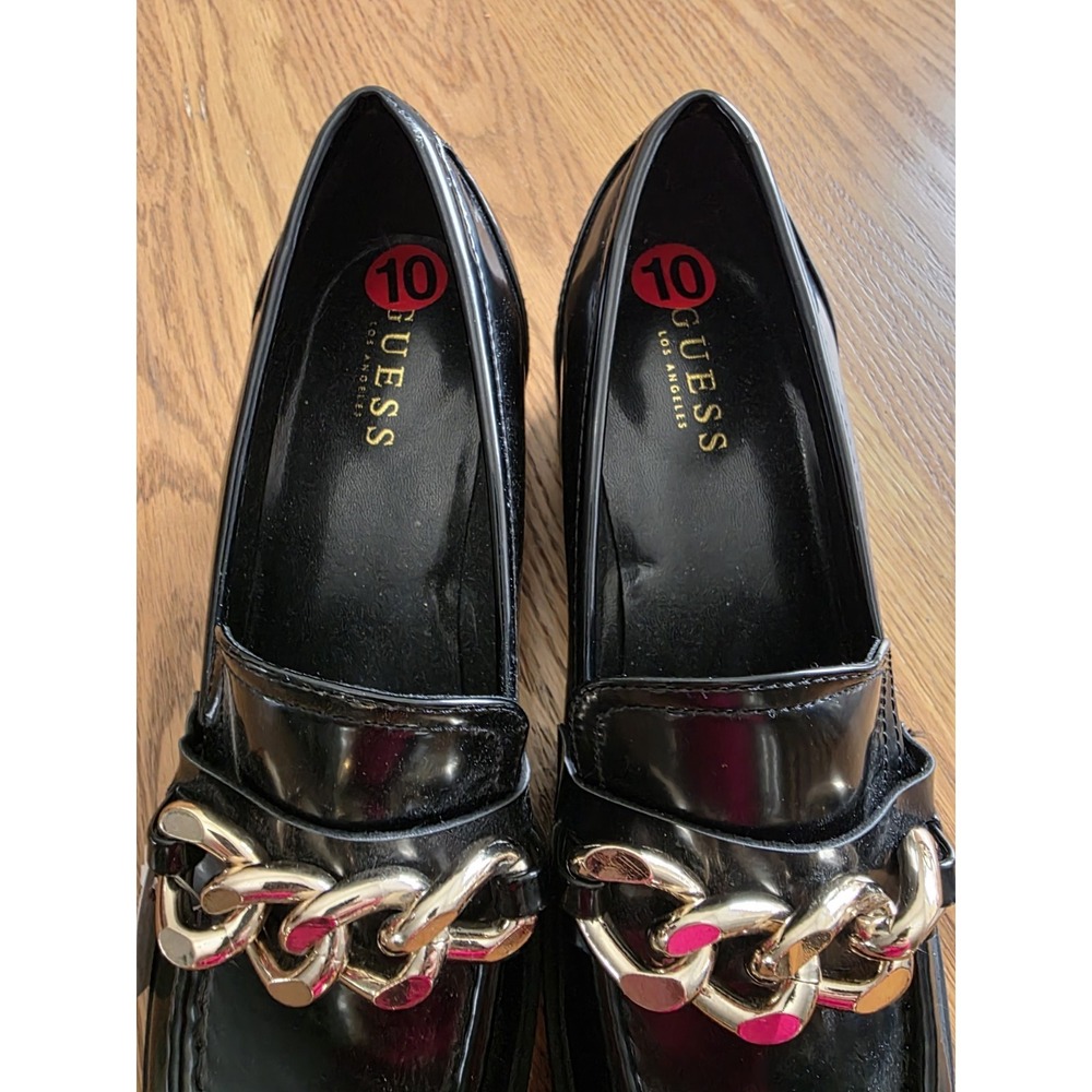 NWOT Guess Hillford W 10 Chunky Lug Sole Gold Chain Black Patent Leather Loafer - Picture 4 of 11